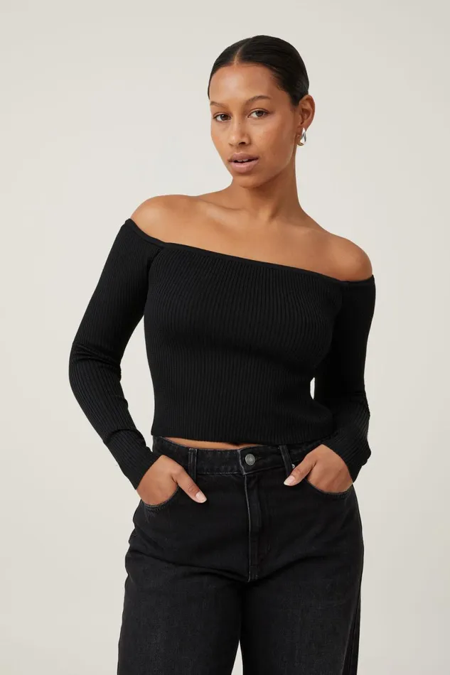 Women Sweaters and Cardigans Cotton On Rib Off Shoulder Pullover Black