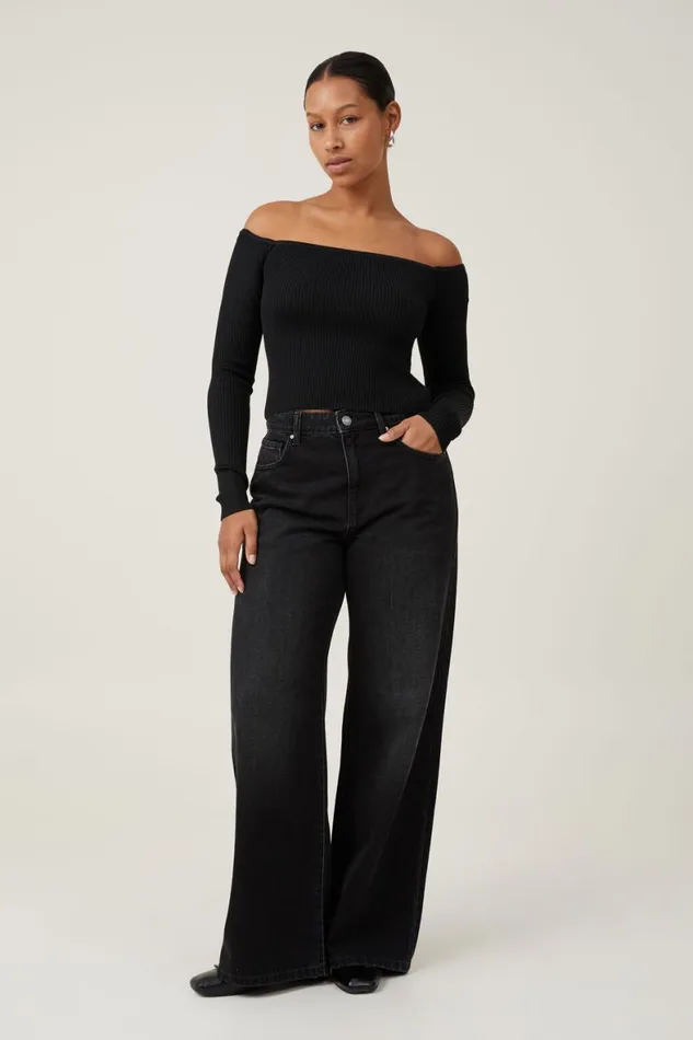 Women Sweaters and Cardigans Cotton On Rib Off Shoulder Pullover Black