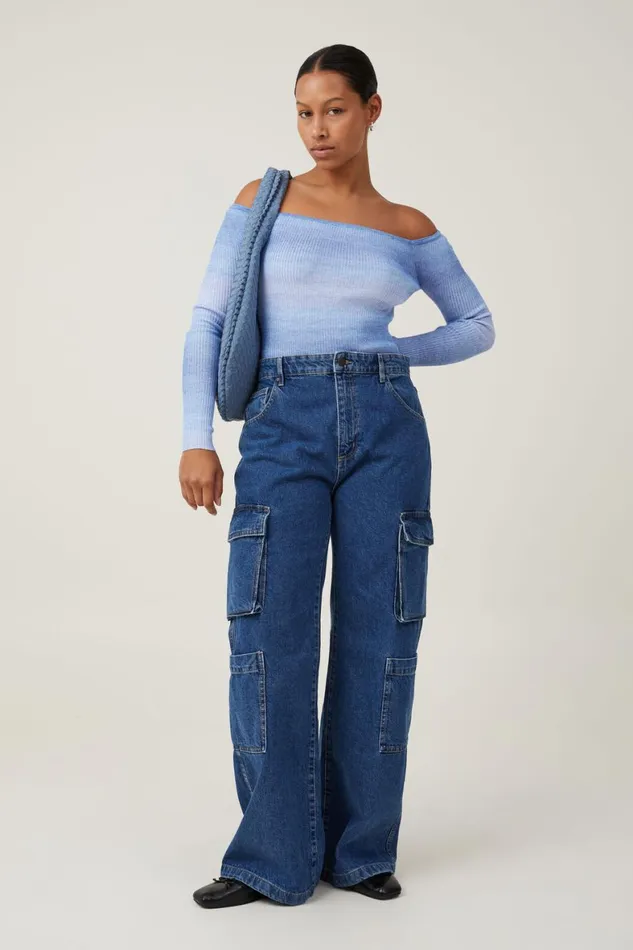 Women Sweaters and Cardigans Cotton On Rib Off Shoulder Pullover Horizon Blue Ombre