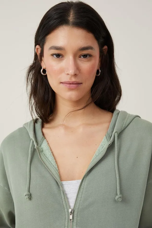Women Sweats and Hoodies Cotton On Classic Washed ZipThrough Hoodie Washed Sage