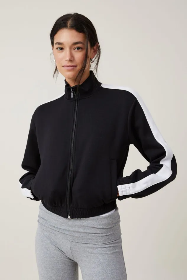 Women Sweats and Hoodies Cotton On Retro Sporty Cropped Zip Through Black