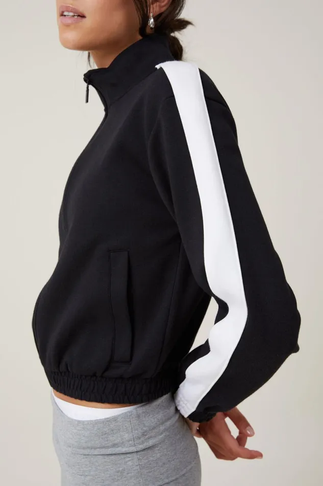 Women Sweats and Hoodies Cotton On Retro Sporty Cropped Zip Through Black