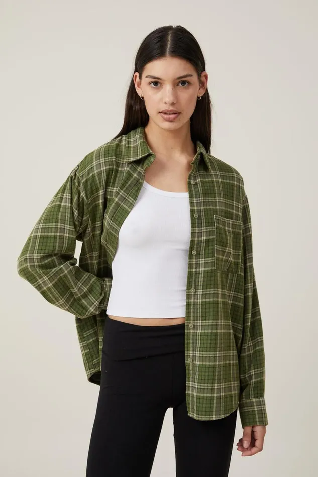 Women Tops Cotton On Boyfriend Flannel Shirt Poppy Check Dark Moss