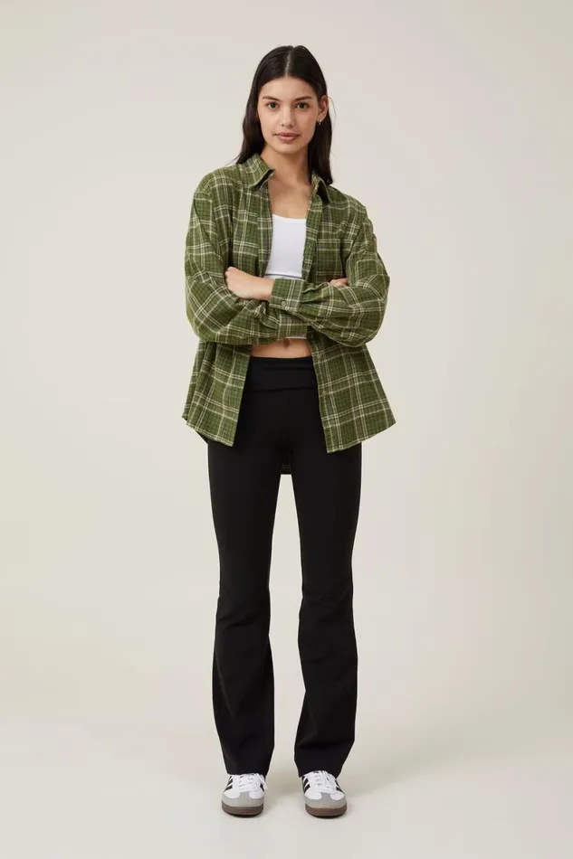 Women Tops Cotton On Boyfriend Flannel Shirt Poppy Check Dark Moss