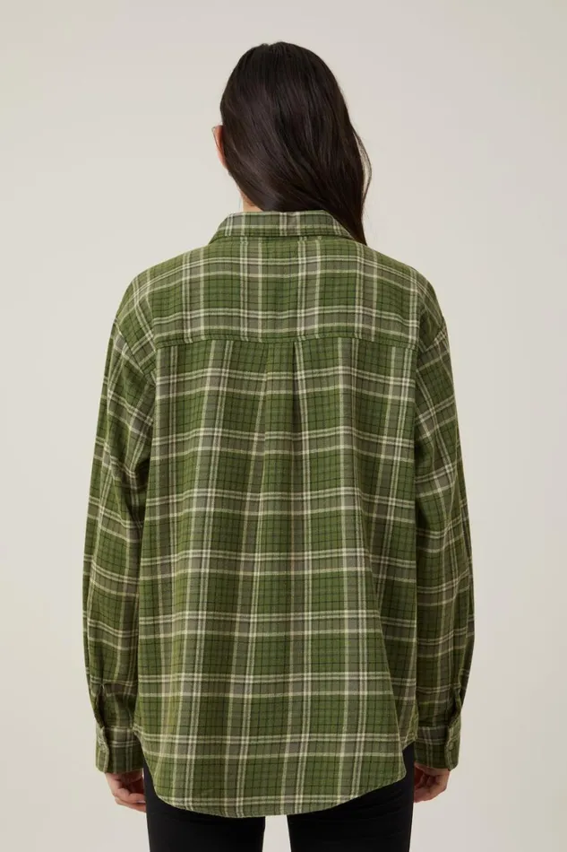 Women Tops Cotton On Boyfriend Flannel Shirt Poppy Check Dark Moss