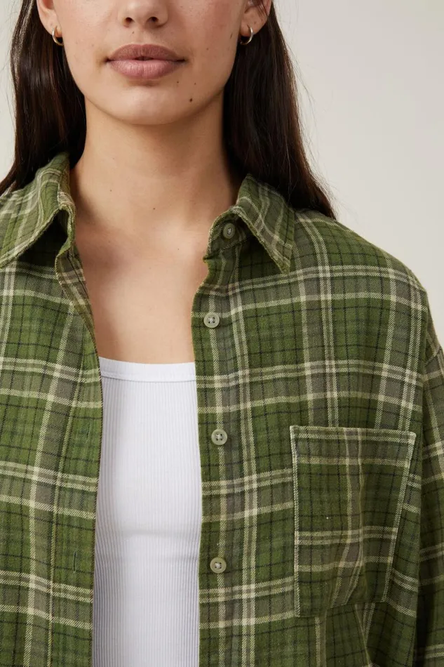 Women Tops Cotton On Boyfriend Flannel Shirt Poppy Check Dark Moss