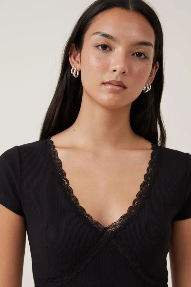 Women Tops Cotton On Daisy Lace Trim Tee Black