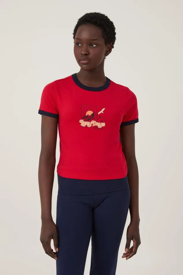 Women Tops Cotton On Fitted Rib Graphic Longline Tee Lazy Dayswinter Nightcrimson