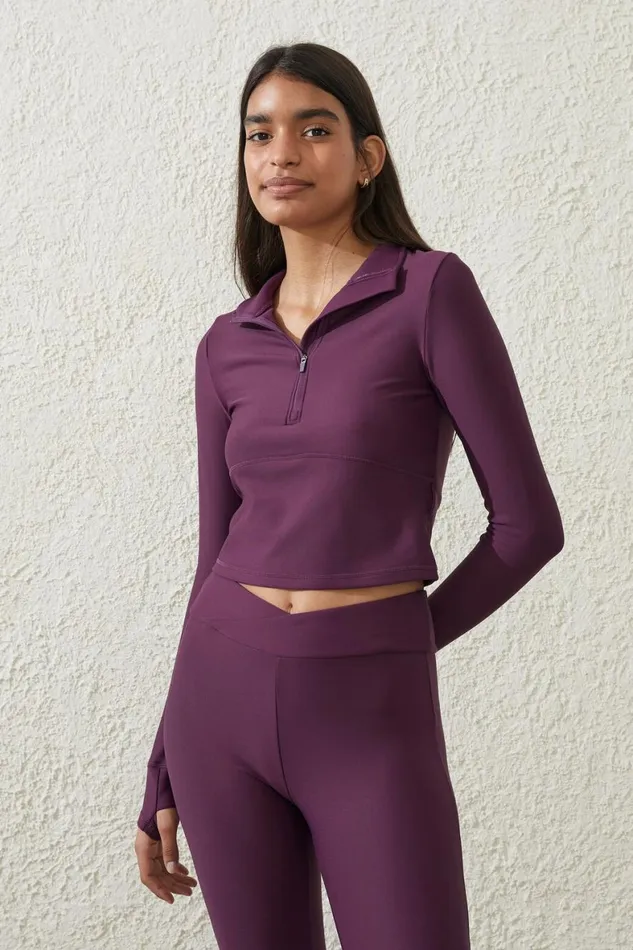 Women Tops Cotton On Fleece Lined Half Zip Long Sleeve Pickled Beet