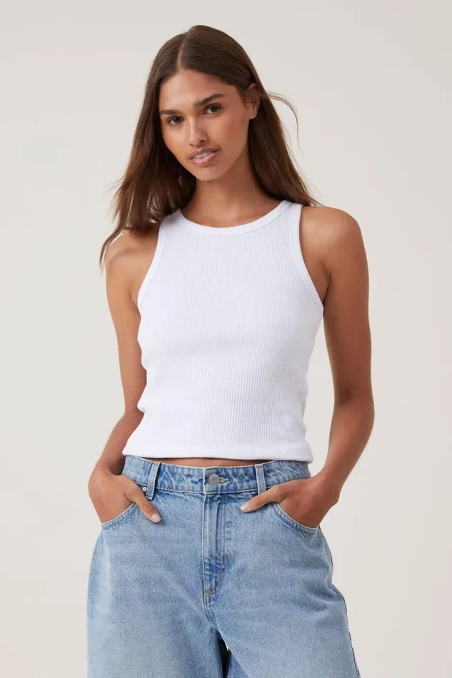 Women Tops Cotton On High Neck Tank White