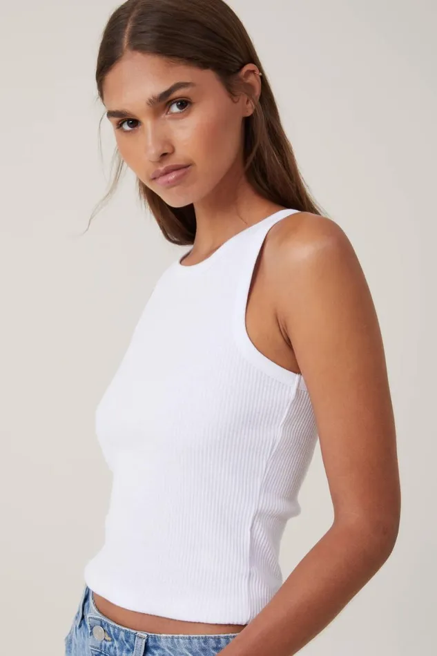 Women Tops Cotton On High Neck Tank White