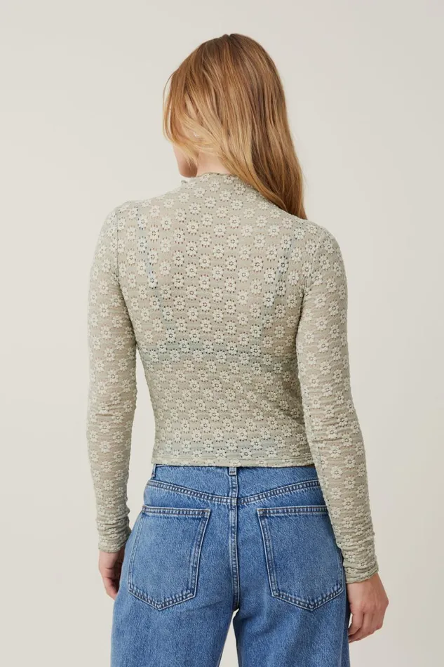 Women Tops Cotton On Luna Textured Mock Neck Long Sleeve Top Desert Sage