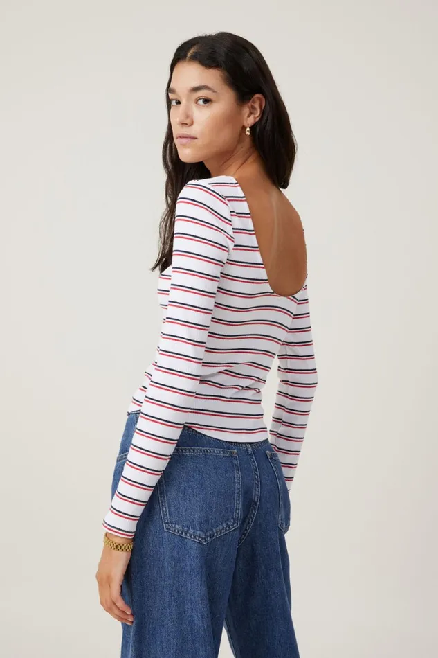 Women Tops Cotton On Margot Boat Neck Long Sleeve Top Dee Stripe Nautical