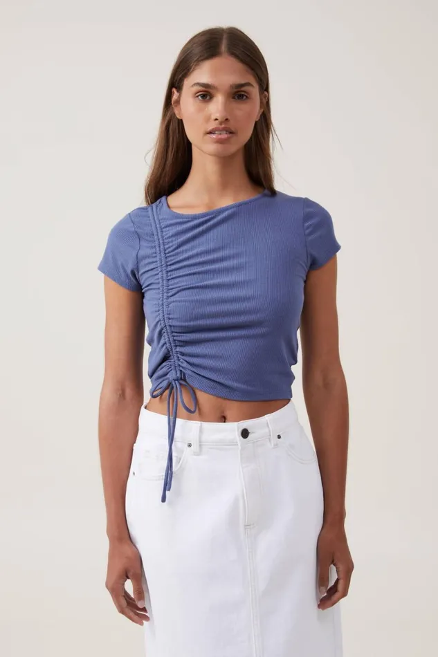 Women Tops Cotton On Marli Rouched Front Short Sleeve Top Vintage Navy