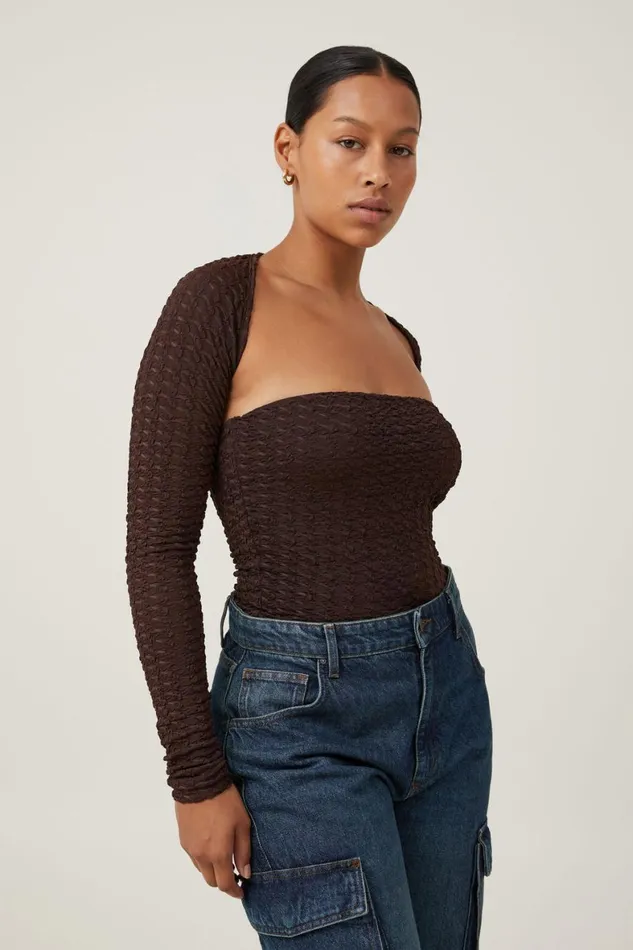Women Tops Cotton On Nova Textured Long Sleeve Shrug Dark Oak