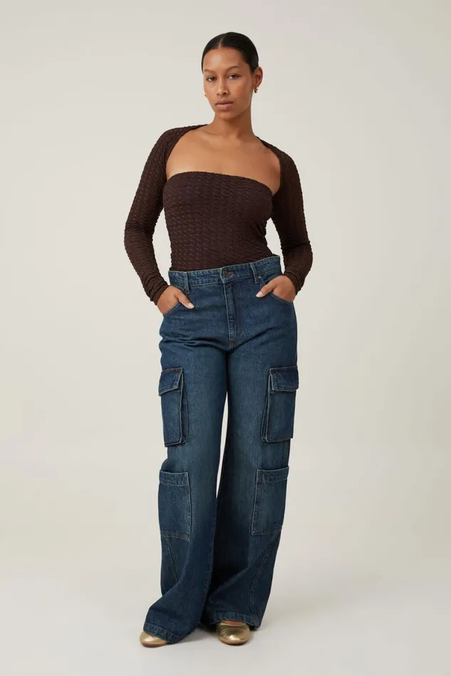 Women Tops Cotton On Nova Textured Long Sleeve Shrug Dark Oak