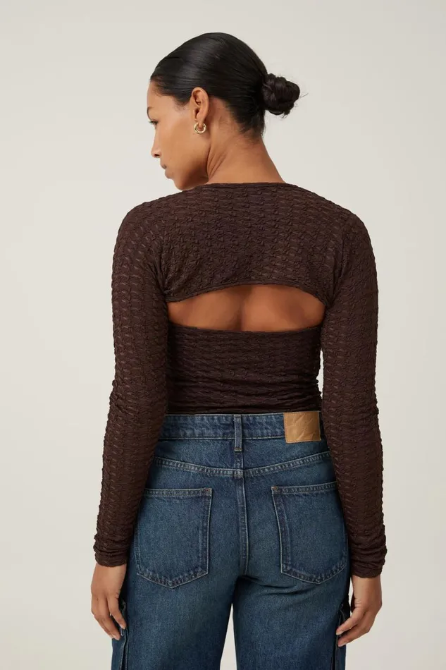 Women Tops Cotton On Nova Textured Long Sleeve Shrug Dark Oak