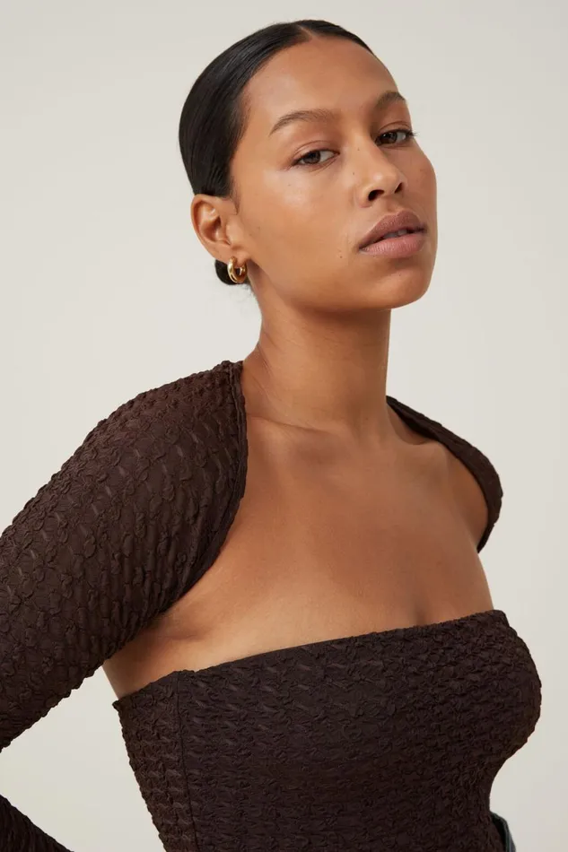 Women Tops Cotton On Nova Textured Long Sleeve Shrug Dark Oak