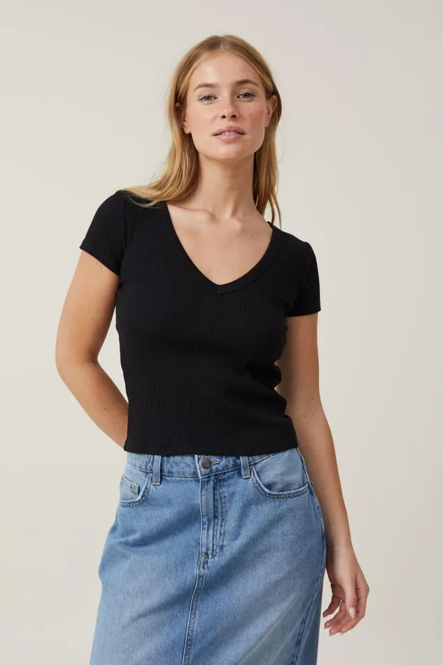 Women Tops Cotton On Rory V Neck Short Sleeve Tee Black
