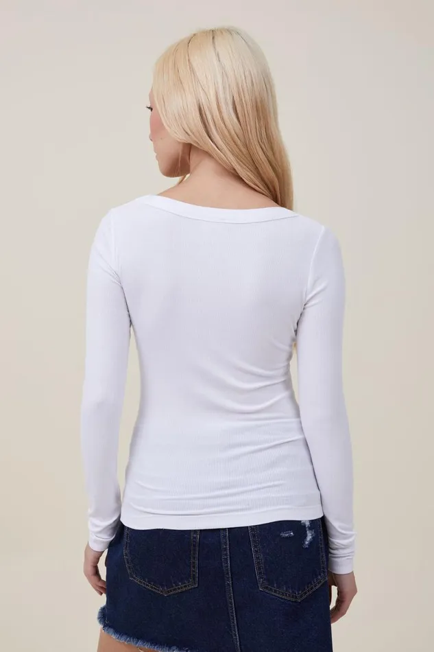 Women Tops Cotton On Staple Rib Scoop Neck Long Sleeve Top White