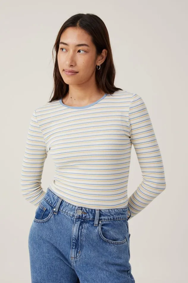 Women Tops Cotton On The One Organic Rib Crew Long Sleeve Top Dee Stripe Horizon Bluesoft Butter Women Tops Cotton On The One Organic Rib Crew Long Sleeve Top Dee Stripe Horizon Bluesoft Butter