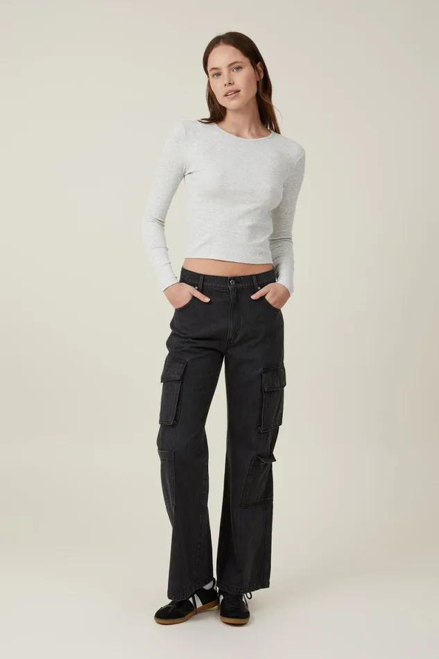 Women Tops Cotton On The One Organic Rib Crew Long Sleeve Top Light Grey Marle