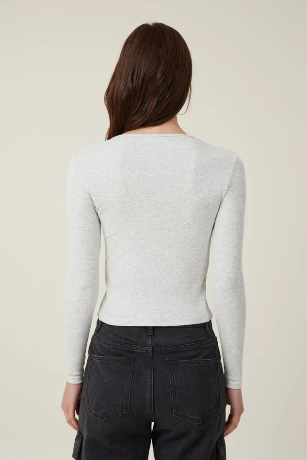 Women Tops Cotton On The One Organic Rib Crew Long Sleeve Top Light Grey Marle