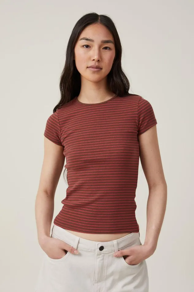 Women Tops Cotton On The One Organic Rib Crew Short Sleeve Tee Eliza Stripe Bottle Brown Women Tops Cotton On The One Organic Rib Crew Short Sleeve Tee Eliza Stripe Bottle Brown