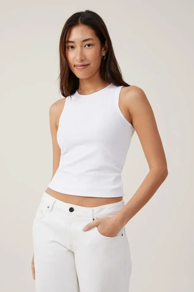 Women Tops Cotton On The One Organic Variegated Rib High Neck Tank White