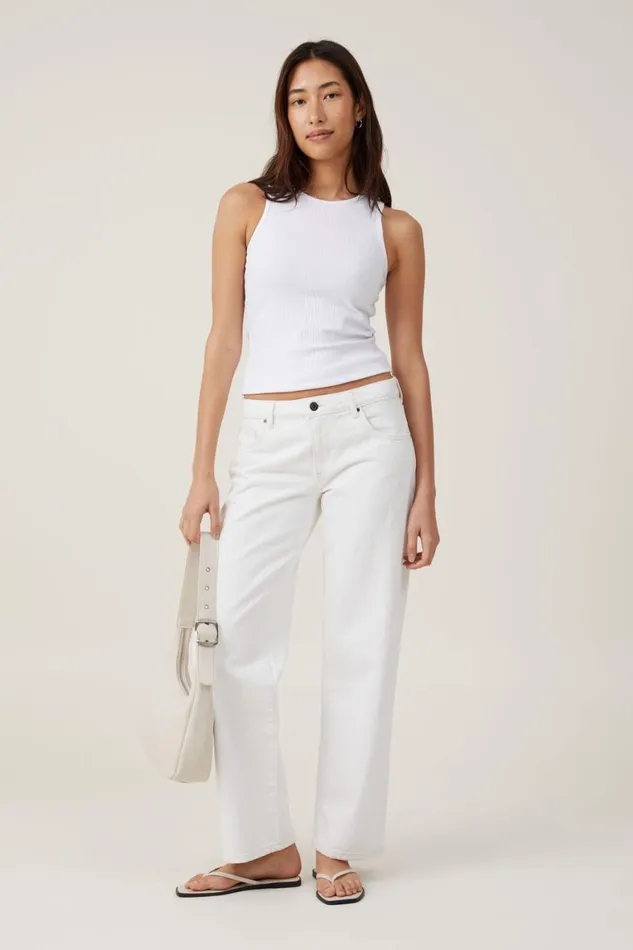 Women Tops Cotton On The One Organic Variegated Rib High Neck Tank White