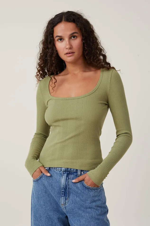 Women Tops Cotton On The One Organic Variegated Rib Scoop Long Sleeve Cool Khaki Women Tops Cotton On The One Organic Variegated Rib Scoop Long Sleeve Cool Khaki