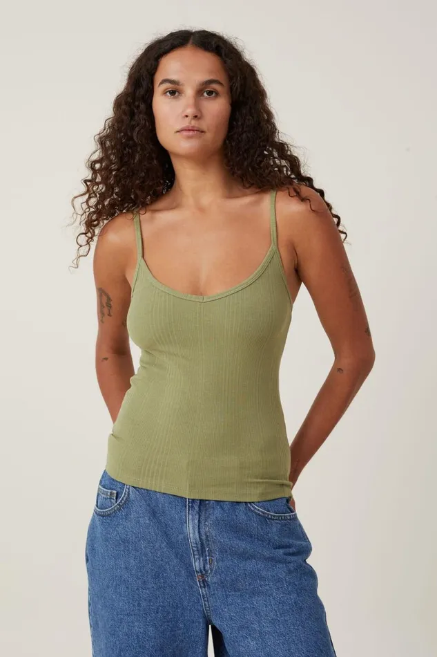Women Tops Cotton On The One Organic Variegated Rib V Neck Cami Cool Khaki